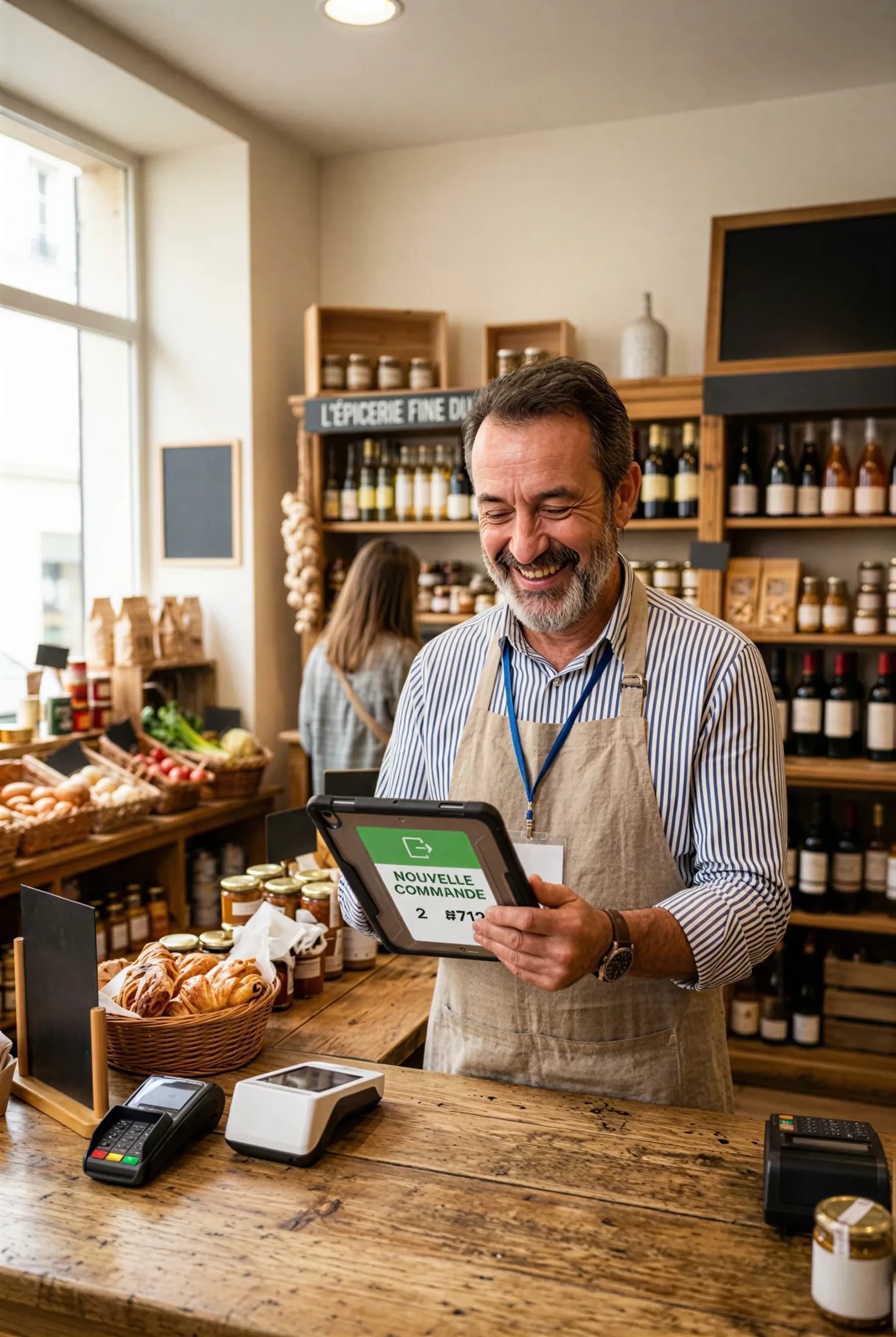 Un commerçant souriant reçoit une nouvelle commande sur sa tablette, au comptoir de son épicerie.