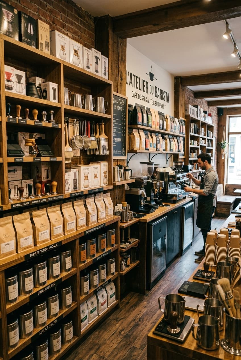 Interior of a specialty coffee shop with a barista at work