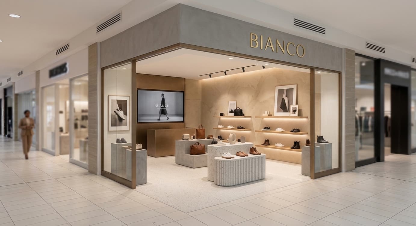 Storefront of a footwear shop in a shopping mall