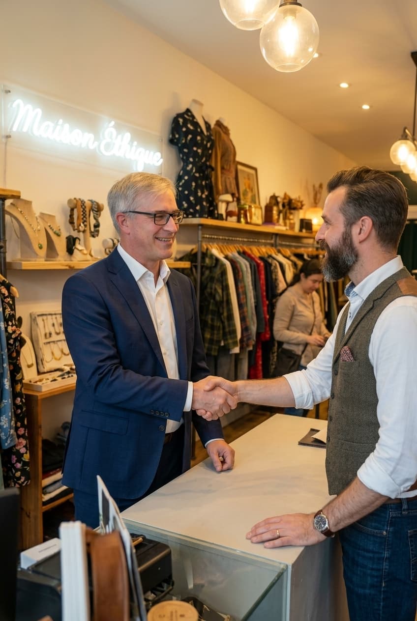 Yannick Guay greeted by a shop owner in their store